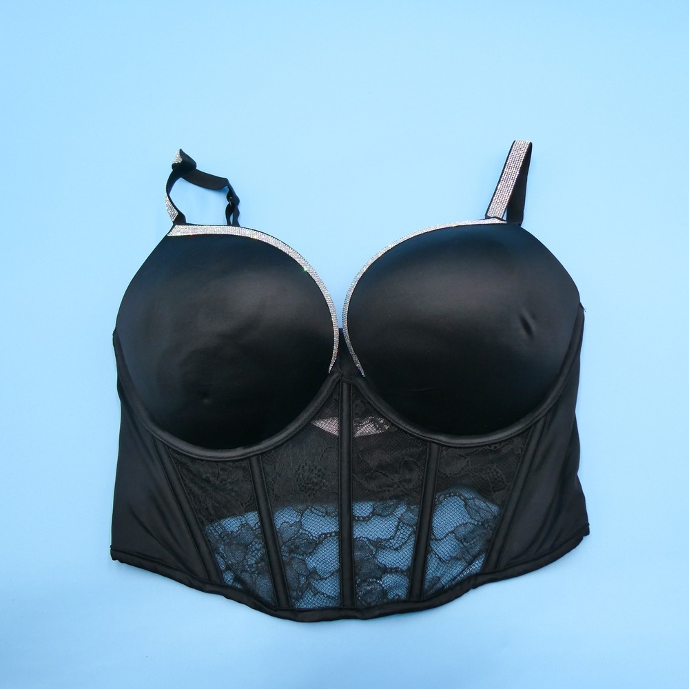 Victoria's Secret Corset Top Womens 36D Bombshell Black Rhinestone Lace Recycled